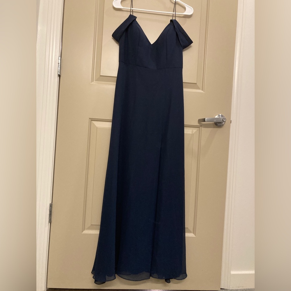 Jenny Yoo Priya Bridesmaid Navy Blue Dress Draped Chiffon